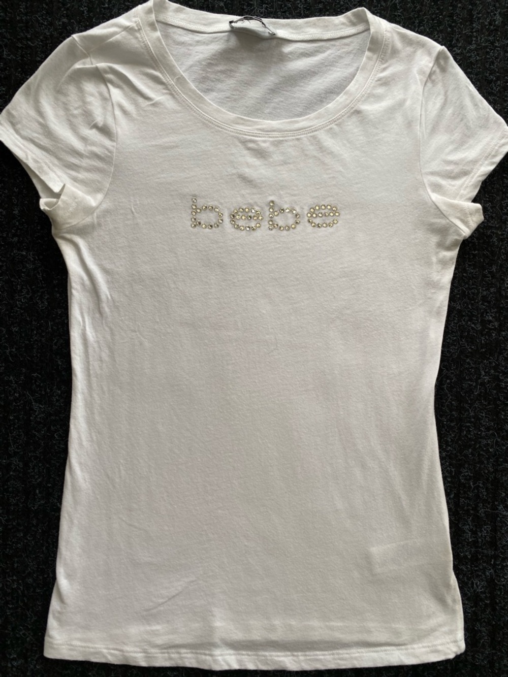 Blingy crystal Bebe White Short Sleeve Tee with Rhinestone Logo size small